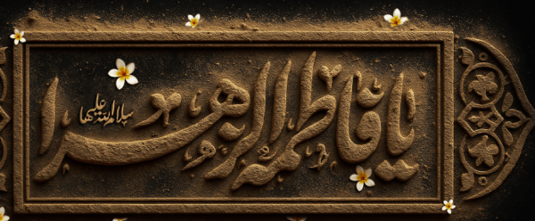 جزئیات خطاطی حجمی خاکی یا فاطمه الزهرا و شکوفه یاس در کتیبه سلالم